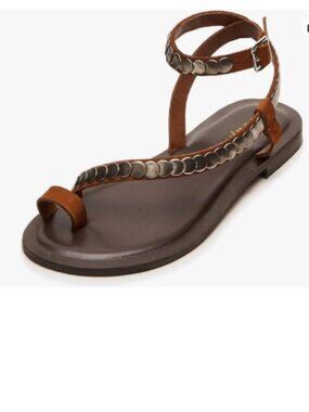 Maiyang Brown Studded Strappy Toe Ring Flat Soft Insole Ankle Strap Sandals